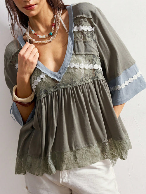 Bohemela Plus Size Women V-Neck Lace Patchwork French Style Blouse
