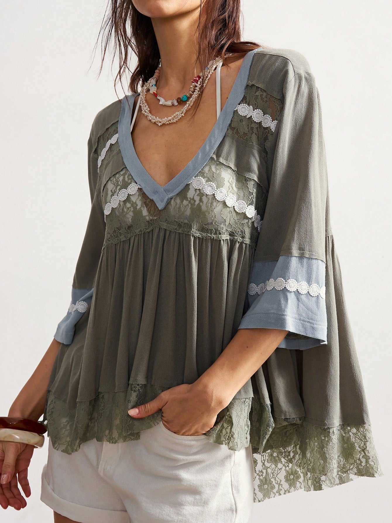 Bohemela Plus Size Women V-Neck Lace Patchwork French Style Blouse