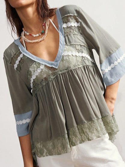 Bohemela Plus Size Women V-Neck Lace Patchwork French Style Blouse