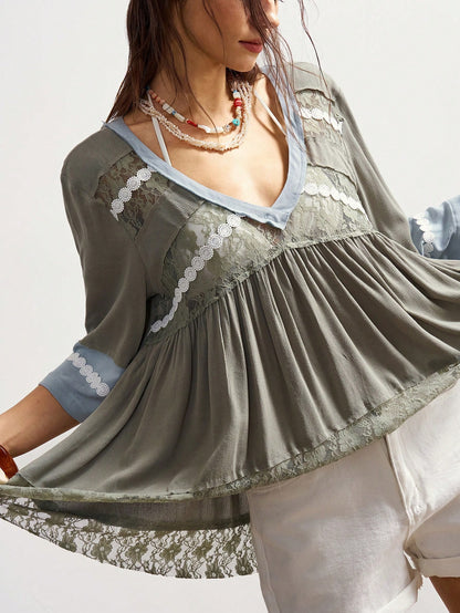 Bohemela Plus Size Women V-Neck Lace Patchwork French Style Blouse