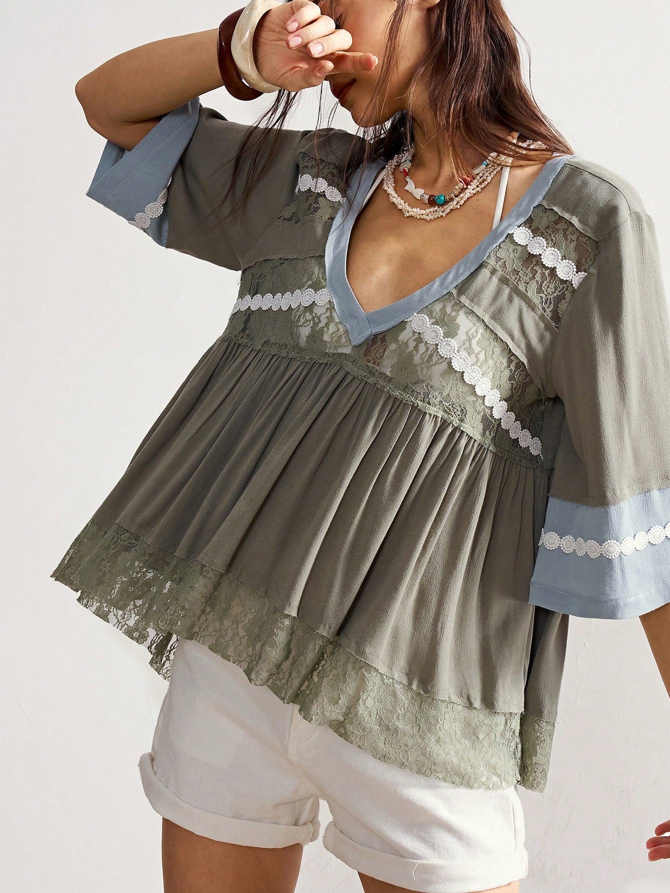 Bohemela Plus Size Women V-Neck Lace Patchwork French Style Blouse