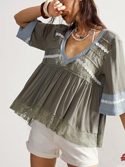 Bohemela Plus Size Women V-Neck Lace Patchwork French Style Blouse