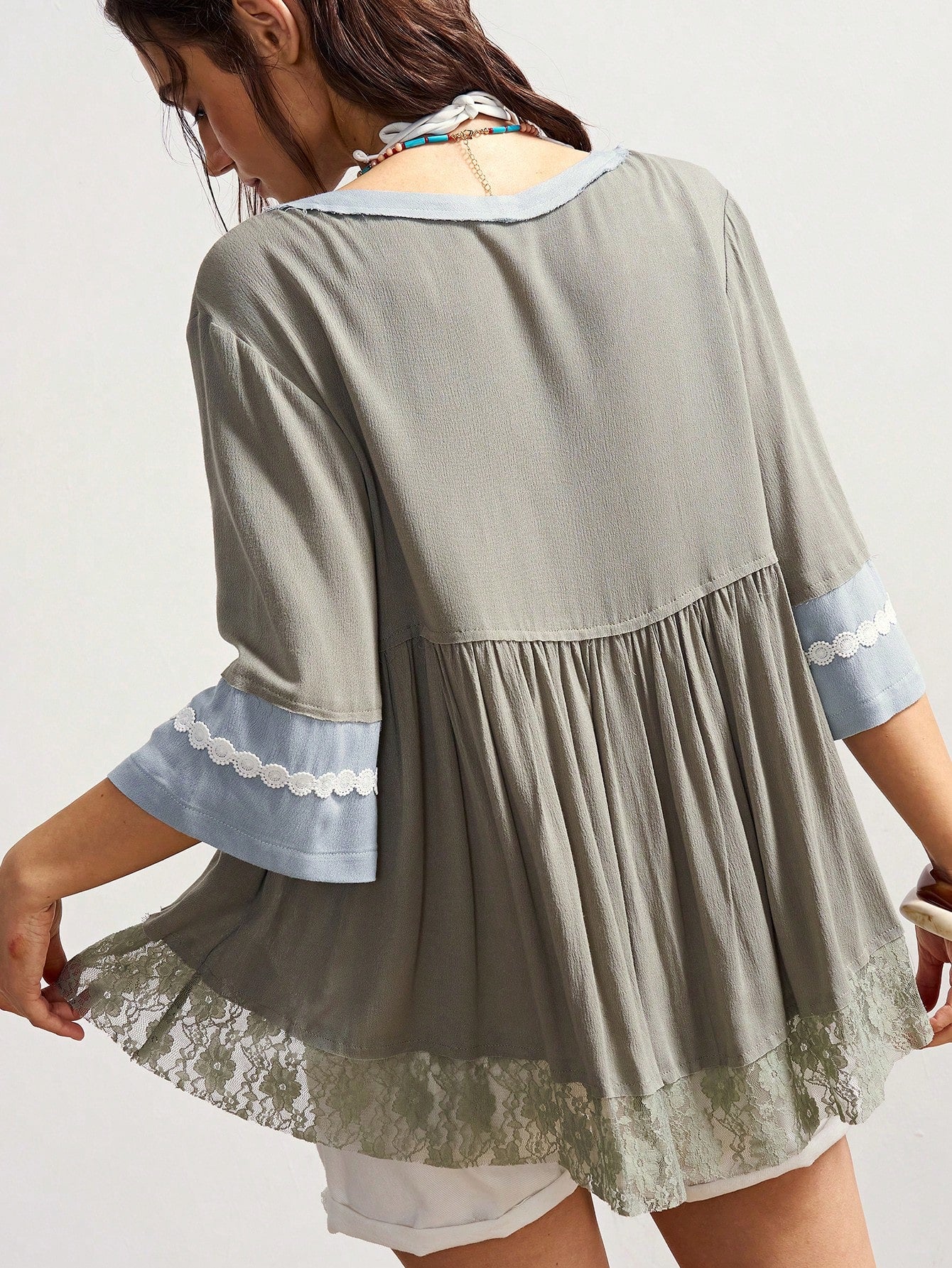 Bohemela Plus Size Women V-Neck Lace Patchwork French Style Blouse