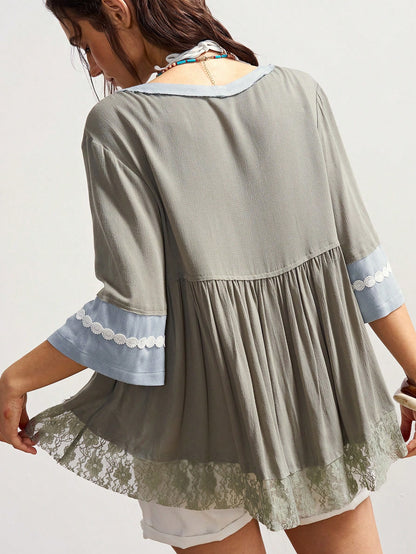 Bohemela Plus Size Women V-Neck Lace Patchwork French Style Blouse