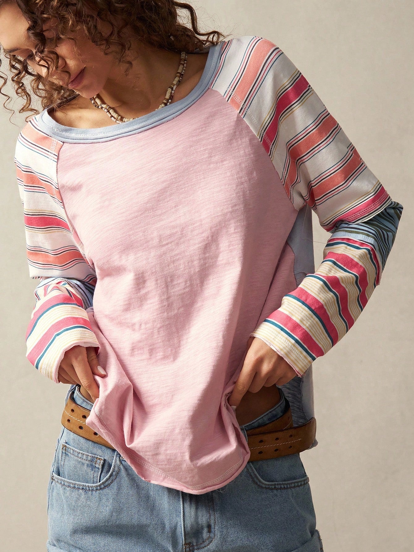 Bohemela Women Plus Size Round Neck Dusty Pink Raglan Sleeve Casual 2000s 90s Loose T-Shirt,Autumn Clothes For Women