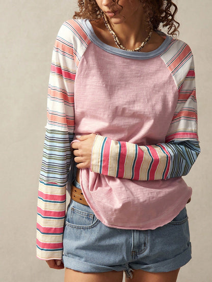 Bohemela Women Plus Size Round Neck Dusty Pink Raglan Sleeve Casual 2000s 90s Loose T-Shirt,Autumn Clothes For Women