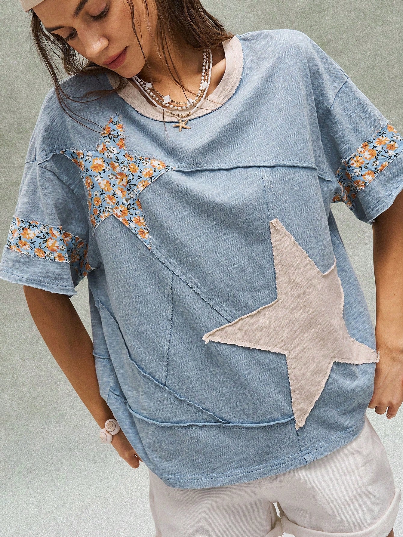 Bohemela Women's Plus Size Round Neck Patchwork Casual T-Shirt