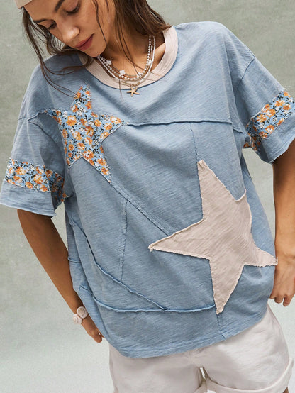 Bohemela Women's Plus Size Round Neck Patchwork Casual T-Shirt