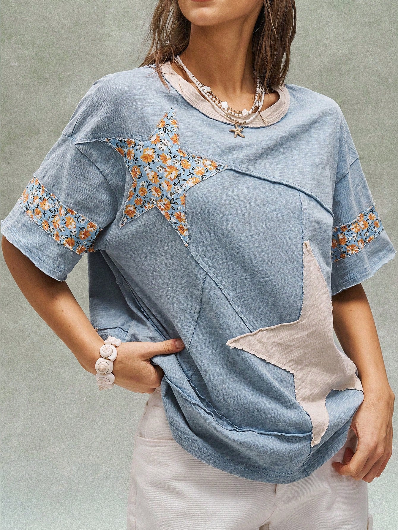 Bohemela Women's Plus Size Round Neck Patchwork Casual T-Shirt