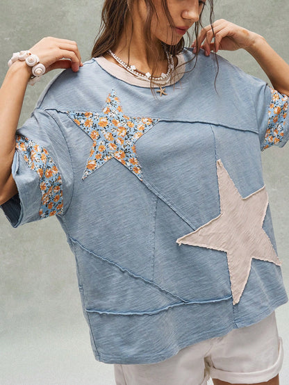Bohemela Women's Plus Size Round Neck Patchwork Casual T-Shirt