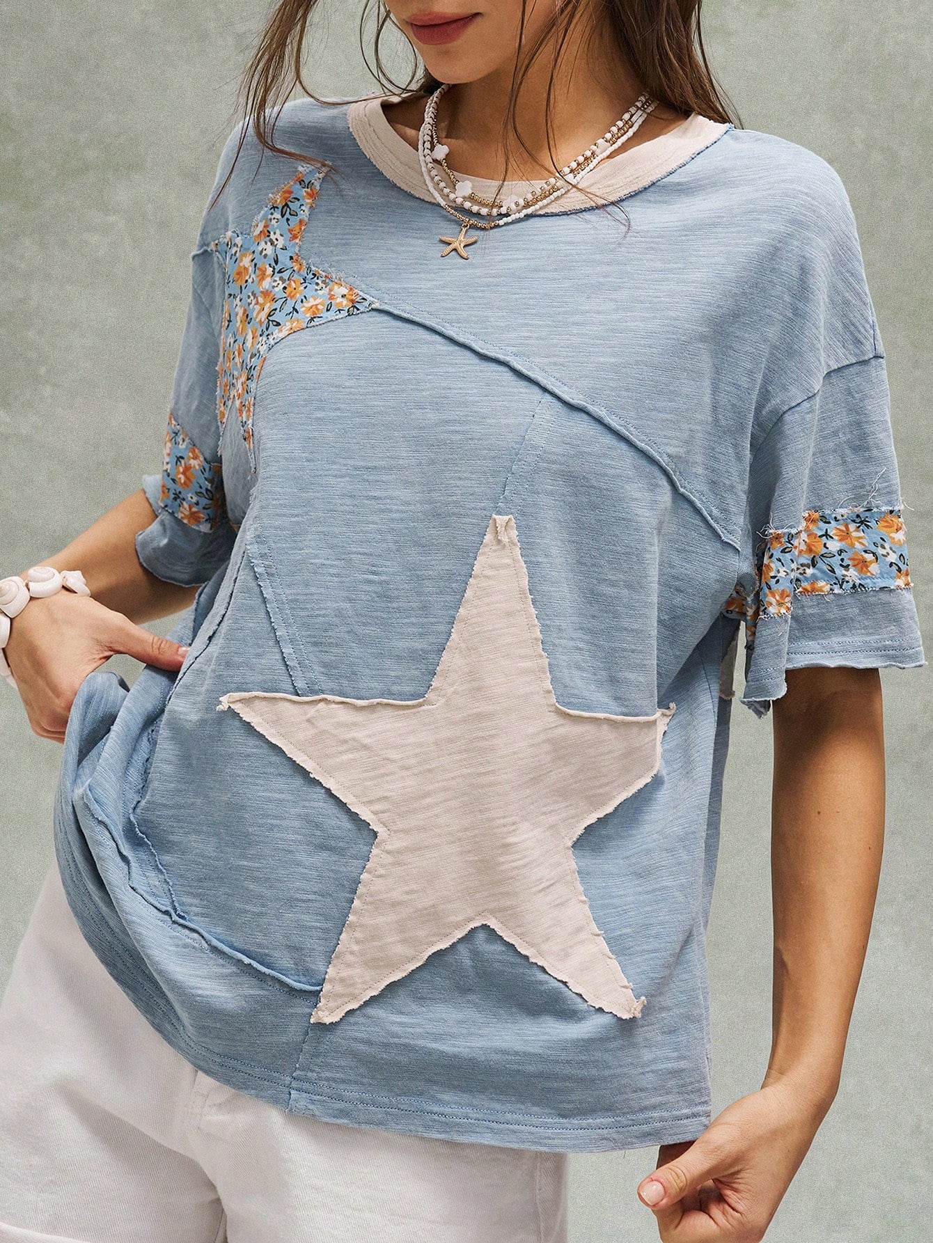 Bohemela Women's Plus Size Round Neck Patchwork Casual T-Shirt
