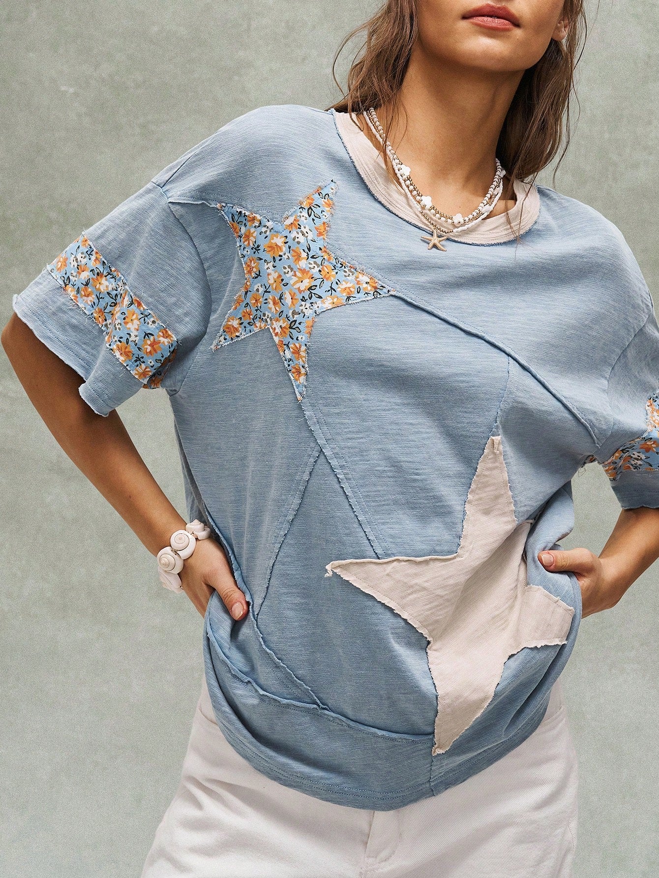 Bohemela Women's Plus Size Round Neck Patchwork Casual T-Shirt
