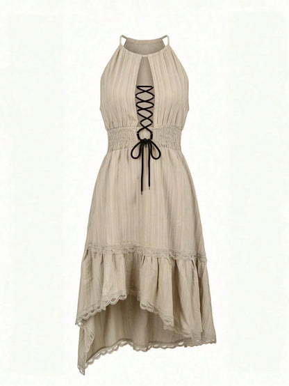 Bohemian Vintage Halter Neck Sleeveless Midi Dresses Lace Ruffle Summer Beach Party Wedding Guest Dress For Women Cowgirl Country Music Elegant