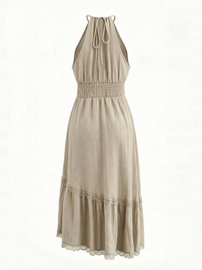 Bohemian Vintage Halter Neck Sleeveless Midi Dresses Lace Ruffle Summer Beach Party Wedding Guest Dress For Women Cowgirl Country Music Elegant