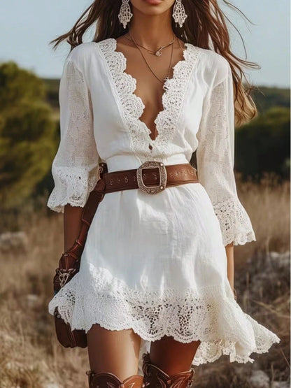 Boho Lace Trim Mini Dress, Deep V Neck 3/4 Flare Sleeve Ruffle Hem, Flow Loose-Fit Breathable Women's Western Vacation Sundress
