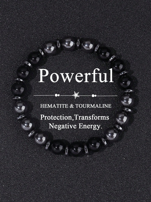 Boho Style Men's Protection Bracelet Hematite & Tourmaline, Strength, Courage, Confidence, Absorb Negative Energy, Crystal Healing Stacking Jewelry