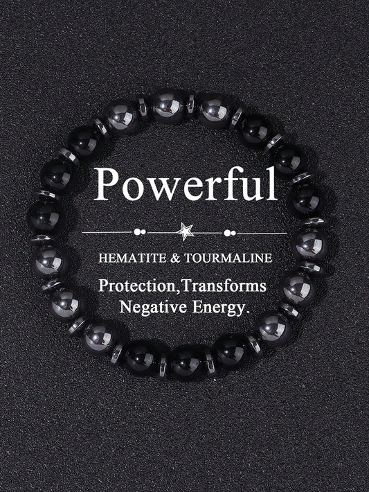 Boho Style Men's Protection Bracelet Hematite & Tourmaline, Strength, Courage, Confidence, Absorb Negative Energy, Crystal Healing Stacking Jewelry