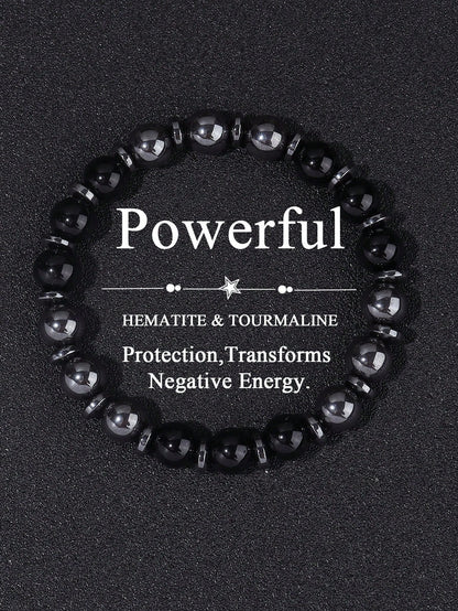 Boho Style Men's Protection Bracelet Hematite & Tourmaline, Strength, Courage, Confidence, Absorb Negative Energy, Crystal Healing Stacking Jewelry
