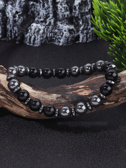 Boho Style Men's Protection Bracelet Hematite & Tourmaline, Strength, Courage, Confidence, Absorb Negative Energy, Crystal Healing Stacking Jewelry