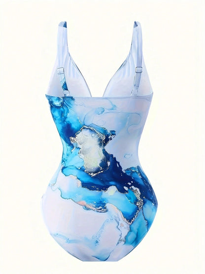 Boho Style Women's Straps V Neck One Piece Swimsuit With Long Skirt Cover Up For Beach Vacations