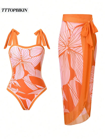 Boho Style Women's Straps V Neck One Piece Swimsuit With Long Skirt Cover Up For Beach Vacations