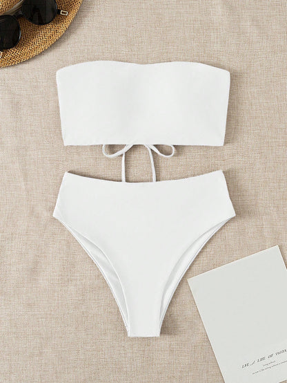 Bonvoyette 2026 Special Fabric Spring/Summer Women's Halter Backless Tie Vacation White Side High Cut 2 Pieces Bikini Swimsuit