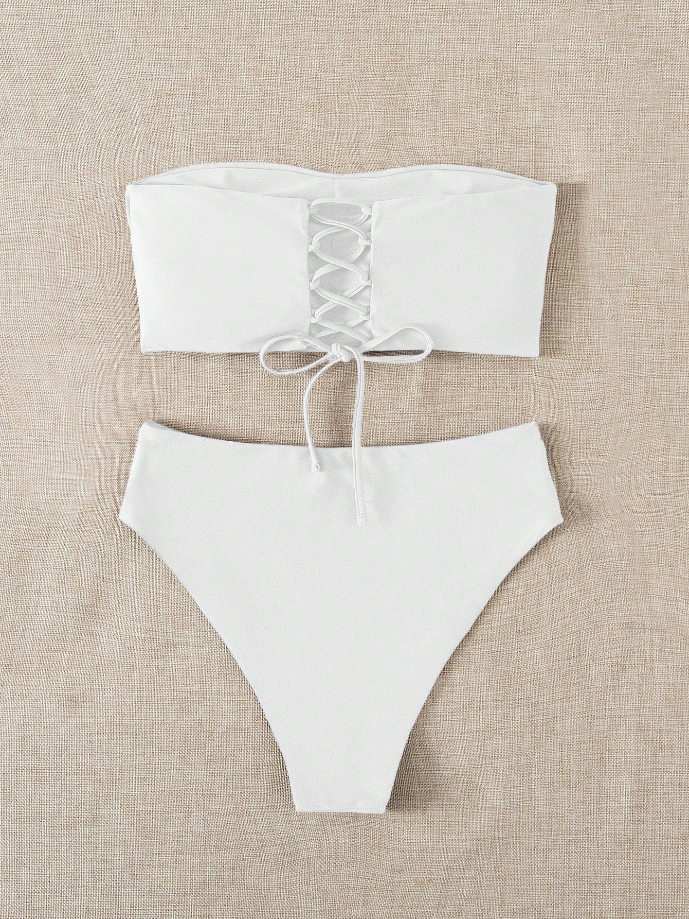 Bonvoyette 2026 Special Fabric Spring/Summer Women's Halter Backless Tie Vacation White Side High Cut 2 Pieces Bikini Swimsuit