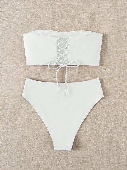 Bonvoyette 2026 Special Fabric Spring/Summer Women's Halter Backless Tie Vacation White Side High Cut 2 Pieces Bikini Swimsuit
