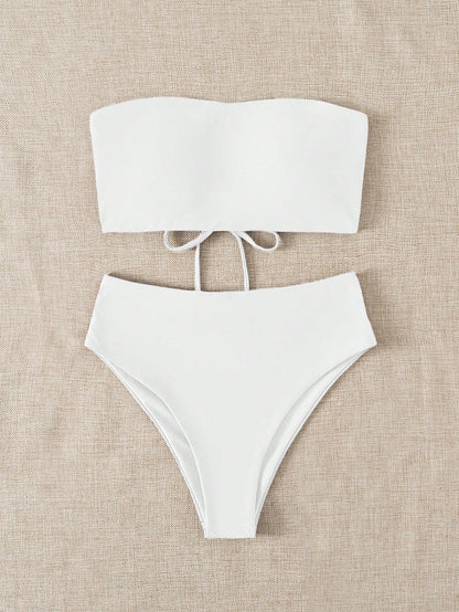 Bonvoyette 2026 Special Fabric Spring/Summer Women's Halter Backless Tie Vacation White Side High Cut 2 Pieces Bikini Swimsuit