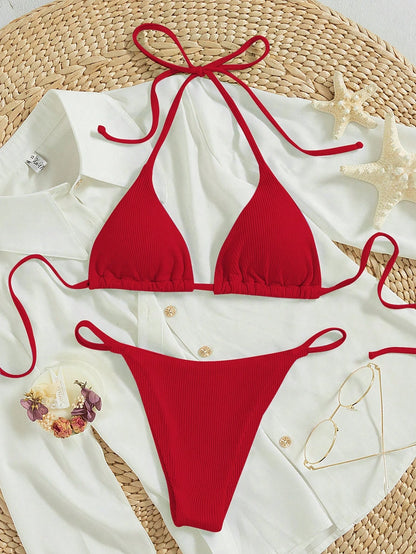 Bonvoyette 2026 Spring/Summer Women's Vacation Special Fabric Spaghetti Strap Halter Neck Red Sexy Thong Bikini Two Pieces Swimsuit