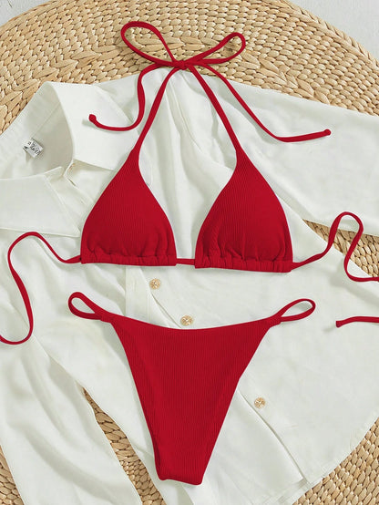 Bonvoyette 2026 Spring/Summer Women's Vacation Special Fabric Spaghetti Strap Halter Neck Red Sexy Thong Bikini Two Pieces Swimsuit