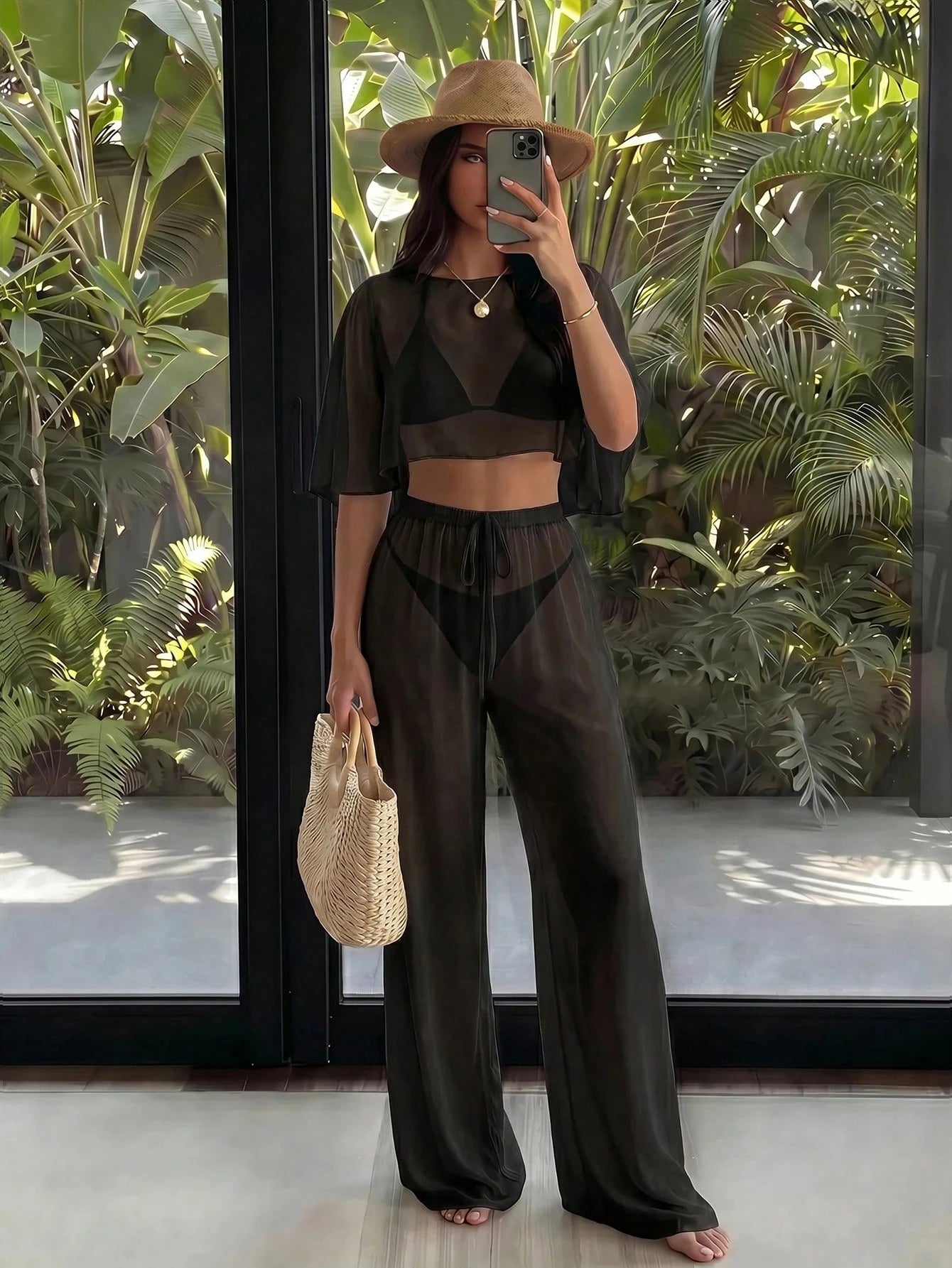 Bonvoyette 26SS Spring/Summer Vacation Elegant Chiffon Cover Up & Pants 2 Pieces Set