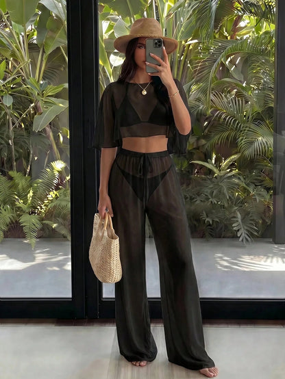 Bonvoyette 26SS Spring/Summer Vacation Elegant Chiffon Cover Up & Pants 2 Pieces Set