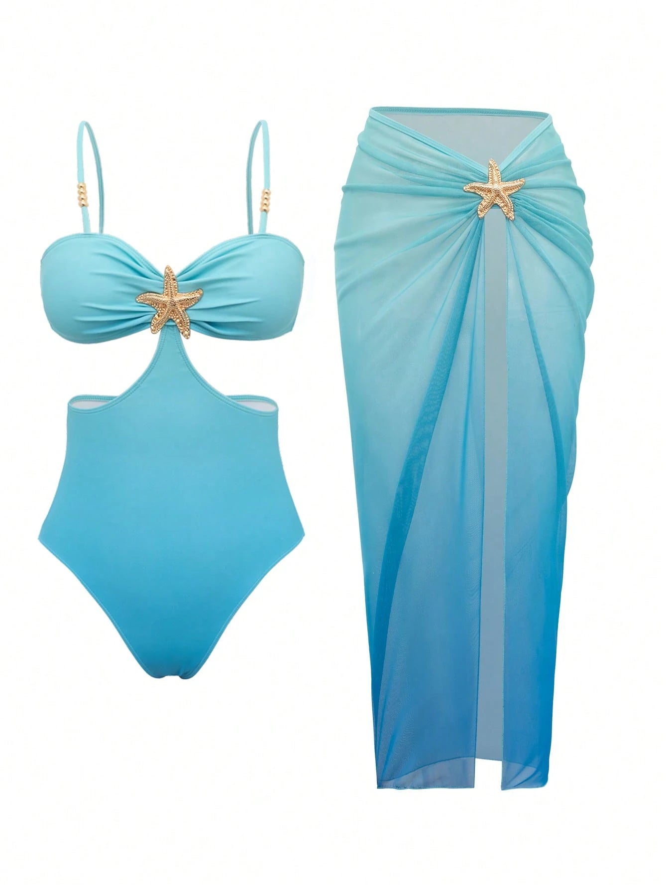 Bonvoyette 2pcs/Set One-Piece Swimsuit, Starfish Decor Cutout Monokini With High Slit Skirt,Royal Blue Summer Casual Holiday Vacation Holiday Beach Pool