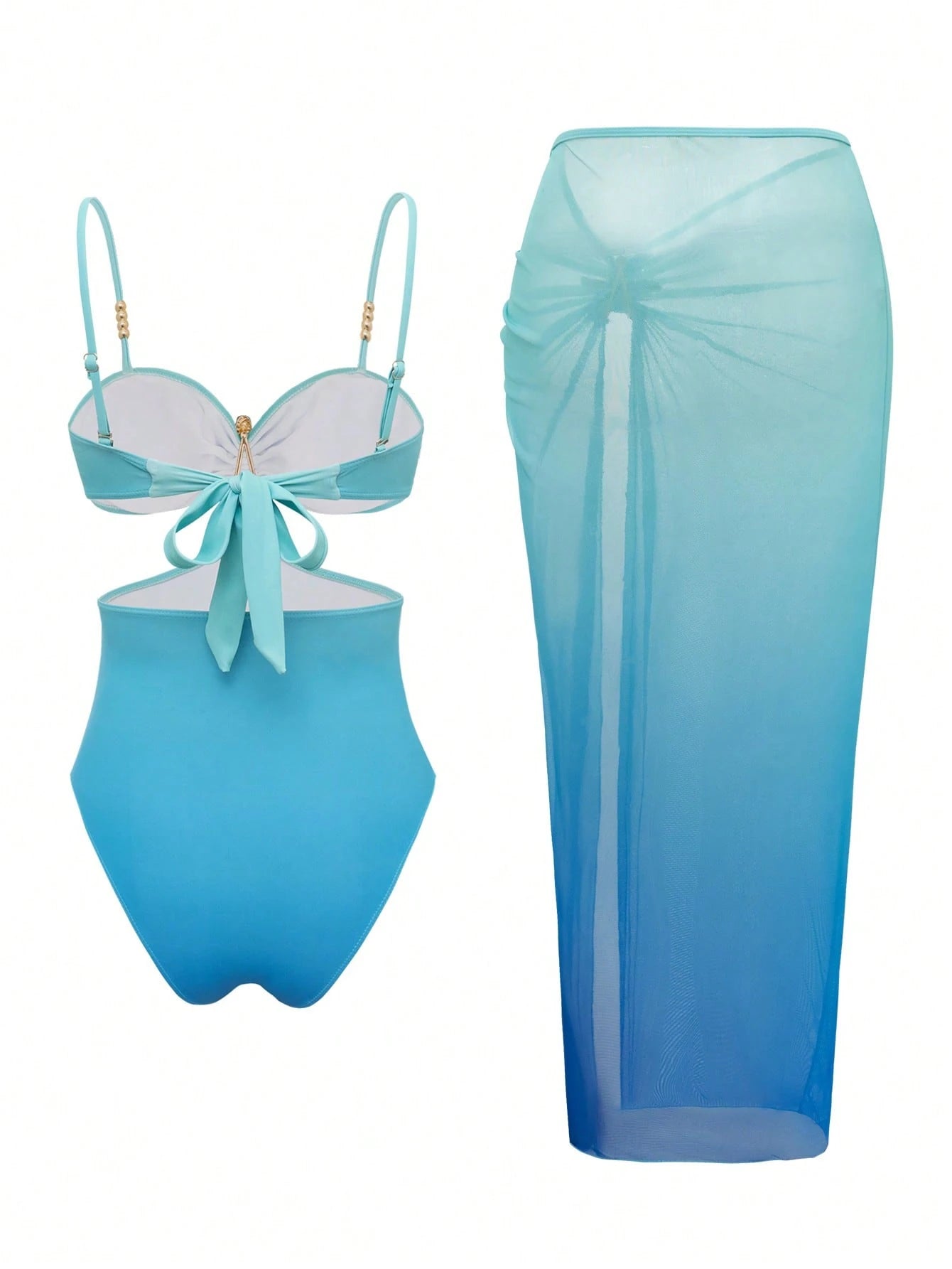 Bonvoyette 2pcs/Set One-Piece Swimsuit, Starfish Decor Cutout Monokini With High Slit Skirt,Royal Blue Summer Casual Holiday Vacation Holiday Beach Pool