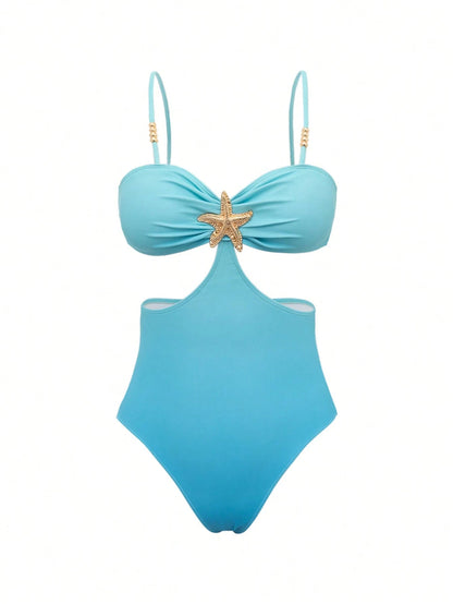 Bonvoyette 2pcs/Set One-Piece Swimsuit, Starfish Decor Cutout Monokini With High Slit Skirt,Royal Blue Summer Casual Holiday Vacation Holiday Beach Pool