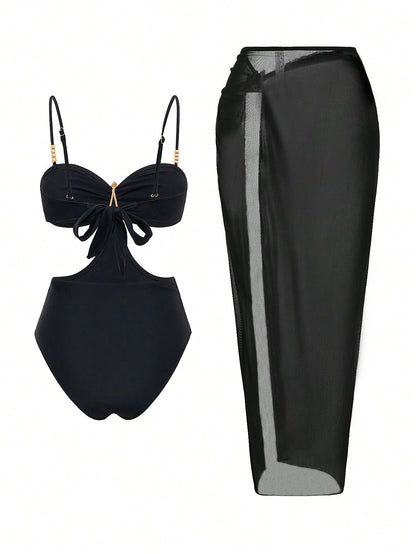 Bonvoyette 2pcs/Set One-Piece Swimsuit, Starfish Decor Cutout Monokini With High Slit Skirt,Royal Blue Summer Casual Holiday Vacation Holiday Beach Pool