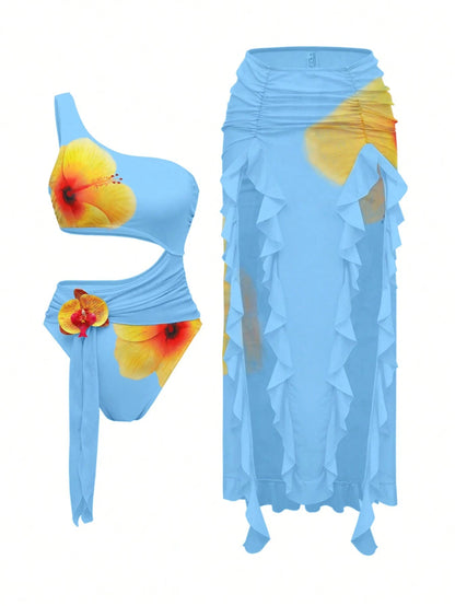 Bonvoyette 2pcs/Set Women's Light Blue Floral Summer Casual Holiday Vacation One-Piece Swimsuit With Side Slit Asymmetrical Mesh Skirt,Elegant Resort One-Piece Swimsuit