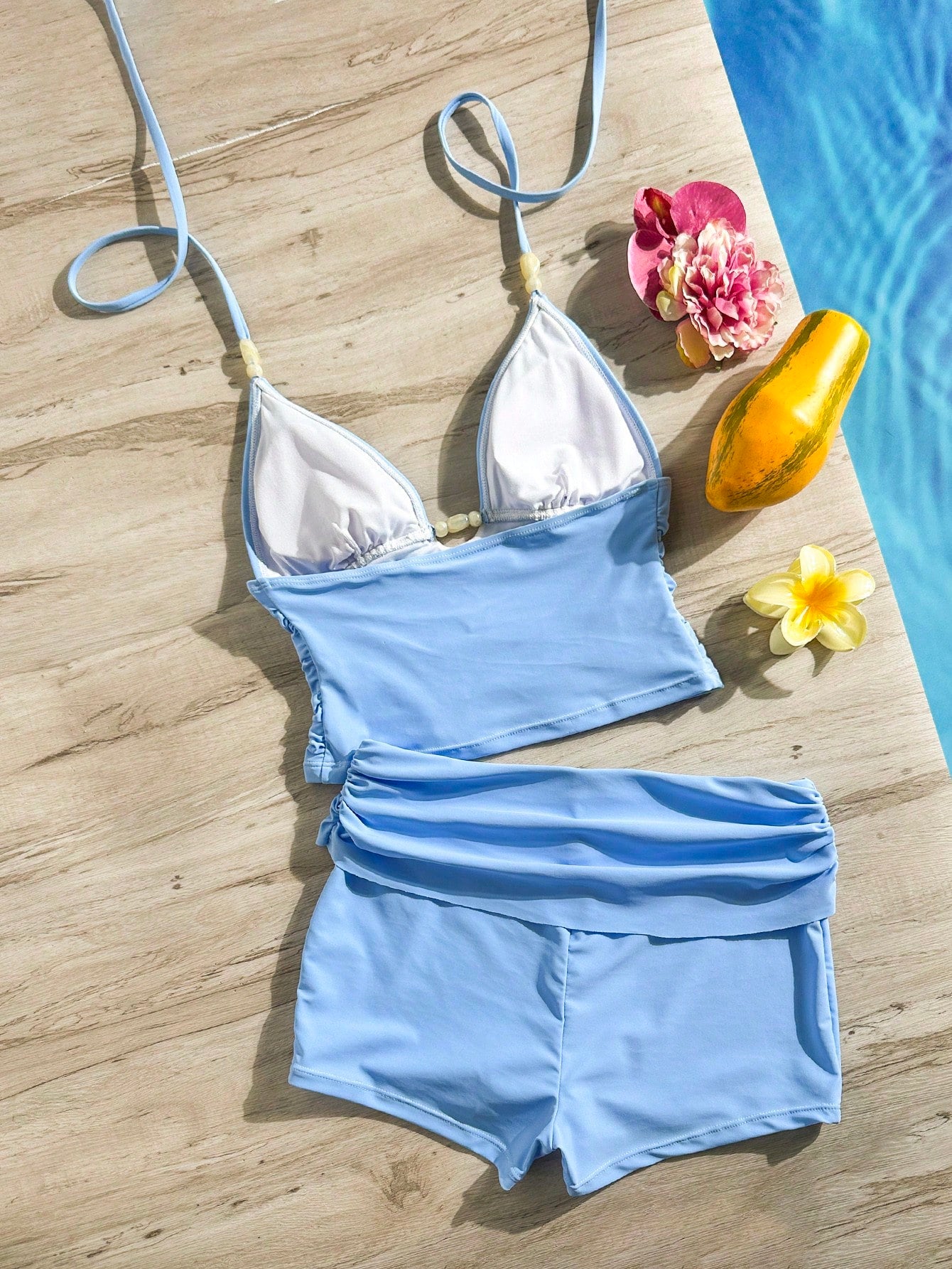 Bonvoyette 2pcs Women Light Blue Tankini Set,Push Up Camisole Vest & Short Pants,Summer Casual Holiday Vacation Holiday Bikini For Beach Parties,Garden Wedding