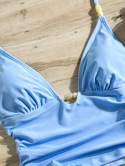 Bonvoyette 2pcs Women Light Blue Tankini Set,Push Up Camisole Vest & Short Pants,Summer Casual Holiday Vacation Holiday Bikini For Beach Parties,Garden Wedding