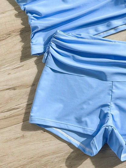 Bonvoyette 2pcs Women Light Blue Tankini Set,Push Up Camisole Vest & Short Pants,Summer Casual Holiday Vacation Holiday Bikini For Beach Parties,Garden Wedding