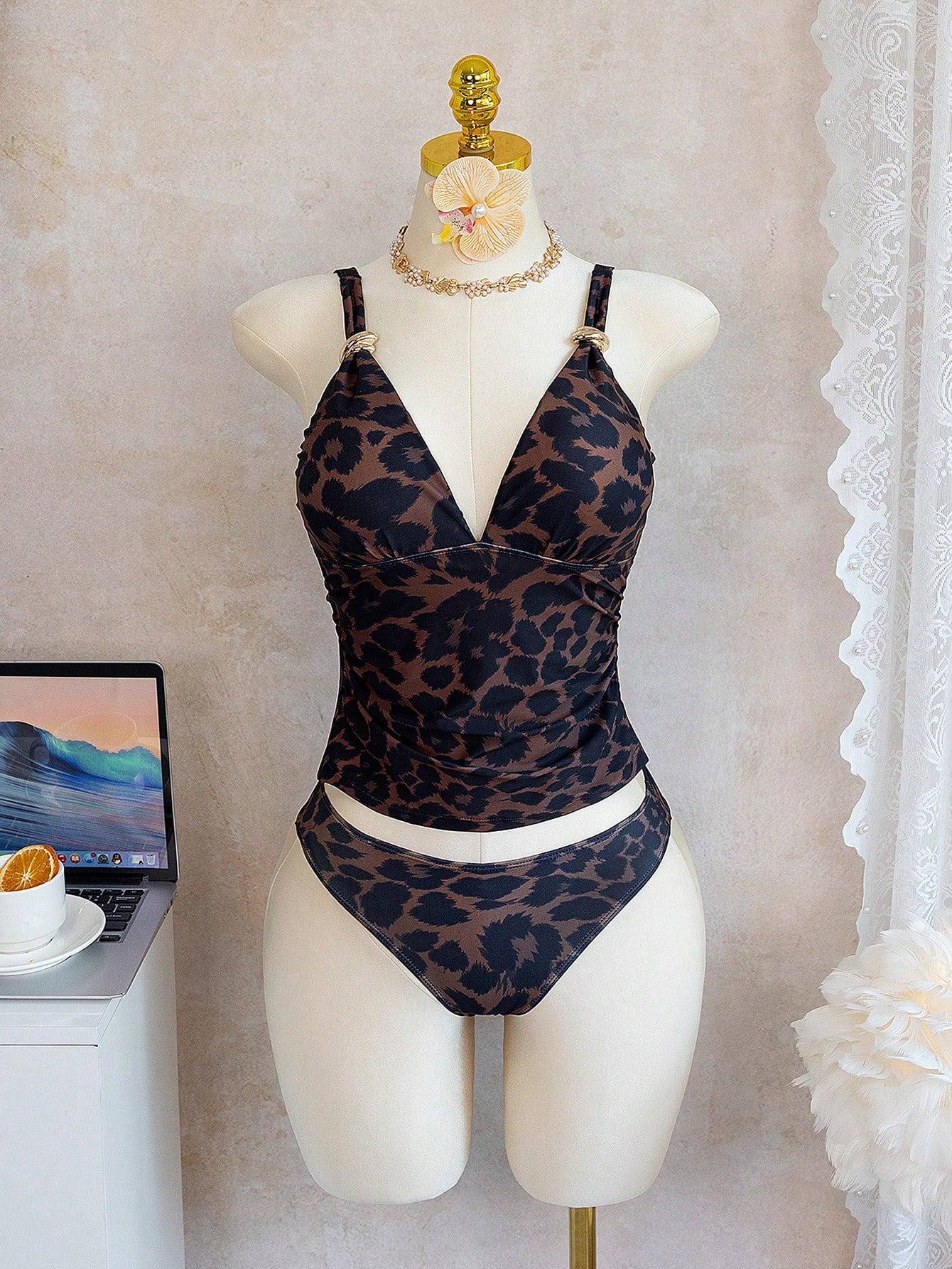 Bonvoyette 2pcs Women's Leopard Print V-Neck Camisole & Tankini Set, Casual Vacation Mature Style, Adjustable Straps, Slimming Design, Summer
