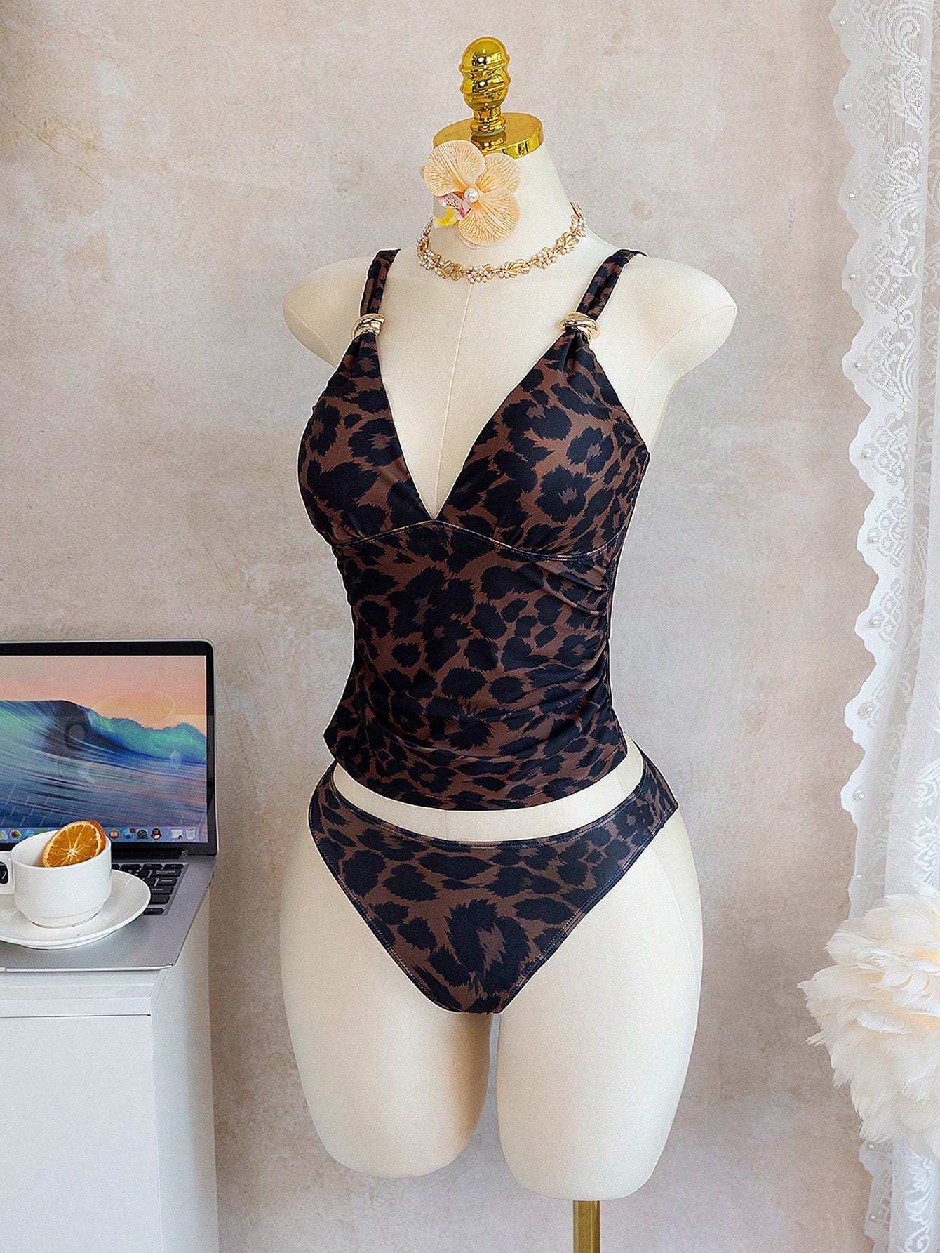 Bonvoyette 2pcs Women's Leopard Print V-Neck Camisole & Tankini Set, Casual Vacation Mature Style, Adjustable Straps, Slimming Design, Summer