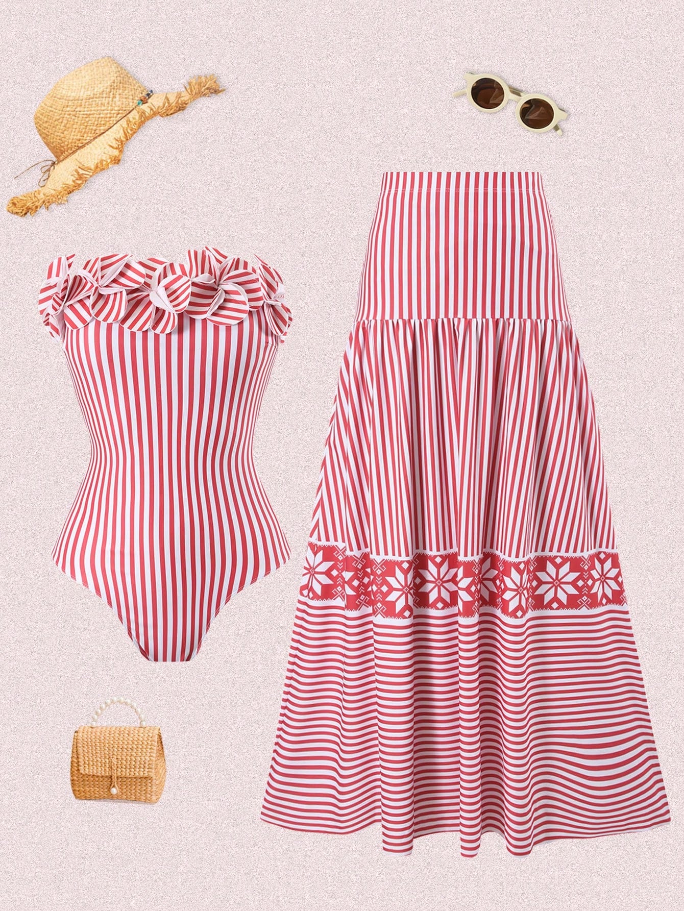 Bonvoyette Floral & Striped Print Bandeau One Piece Swimsuit And Mini Skirt Set
