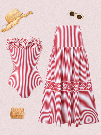 Bonvoyette Floral & Striped Print Bandeau One Piece Swimsuit And Mini Skirt Set