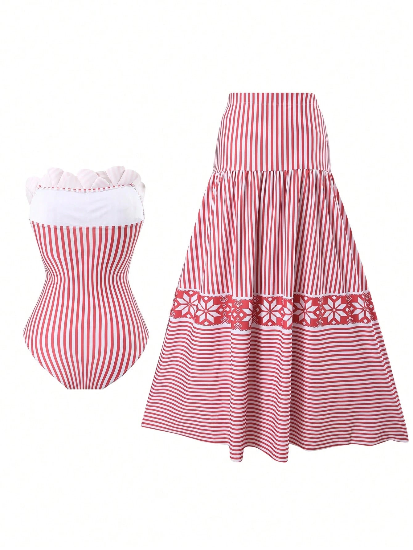 Bonvoyette Floral & Striped Print Bandeau One Piece Swimsuit And Mini Skirt Set