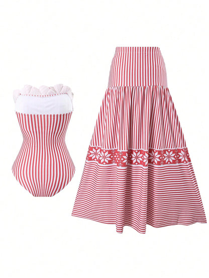 Bonvoyette Floral & Striped Print Bandeau One Piece Swimsuit And Mini Skirt Set