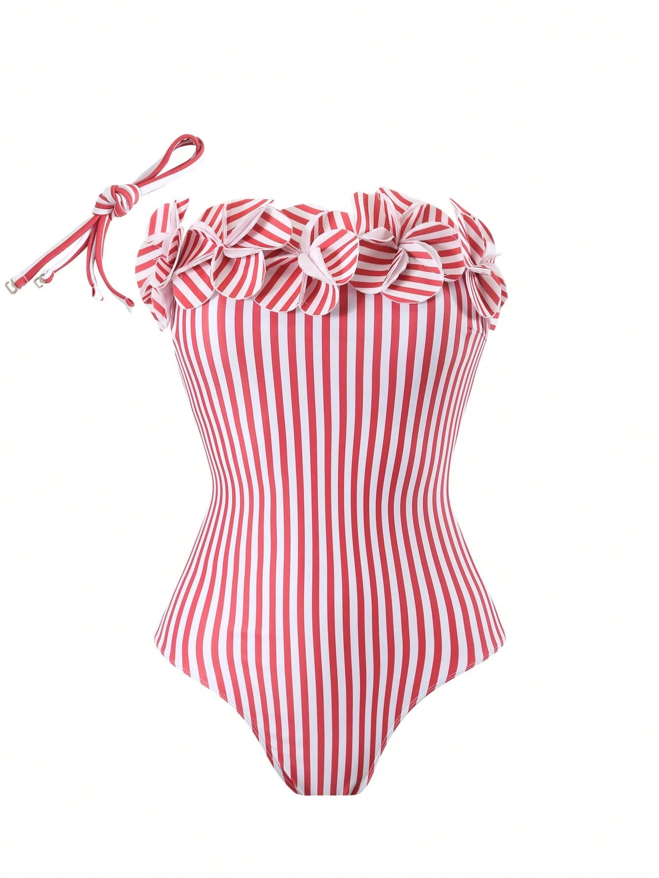 Bonvoyette Floral & Striped Print Bandeau One Piece Swimsuit And Mini Skirt Set