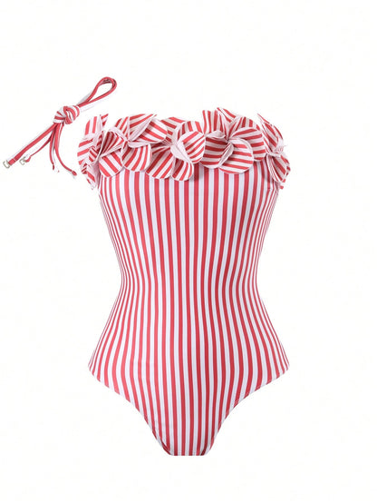 Bonvoyette Floral & Striped Print Bandeau One Piece Swimsuit And Mini Skirt Set