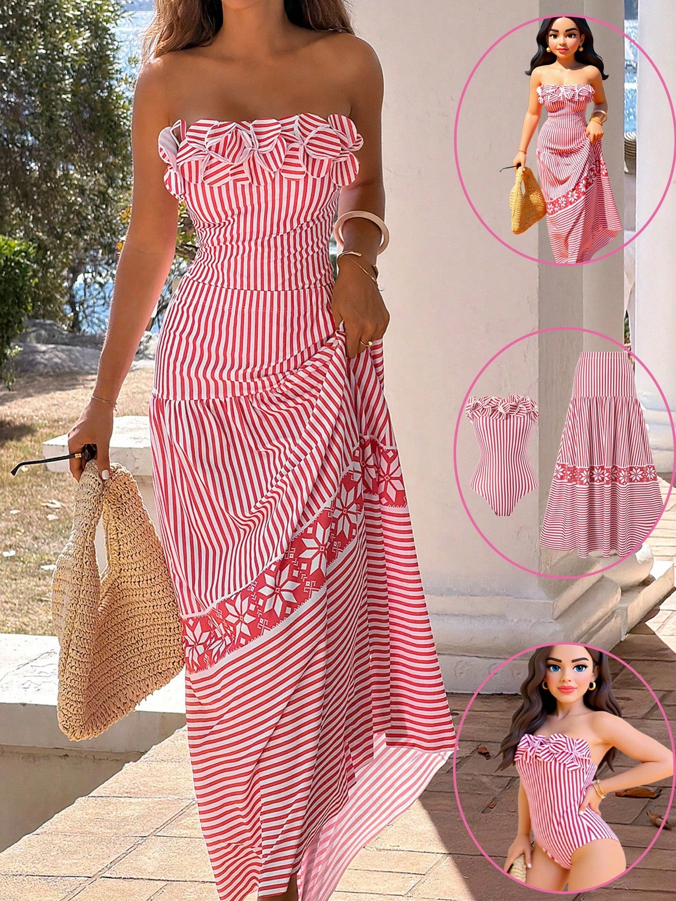 Bonvoyette Floral & Striped Print Bandeau One Piece Swimsuit And Mini Skirt Set